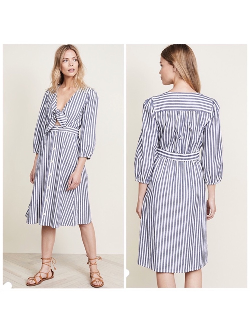 Madewell Blue and White Vertical-Stripe Tie-Front Midi Dress